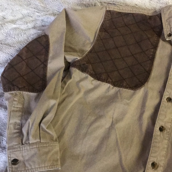 Khaki canvas button down shirt M elbow patches rustic hunter field stream - Picture 2 of 8